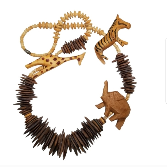 VINTAGE 1980S WOOD SARFARI ANIMAL FOLK ART STATEMENT NECKLACE - Picture 3 of 8